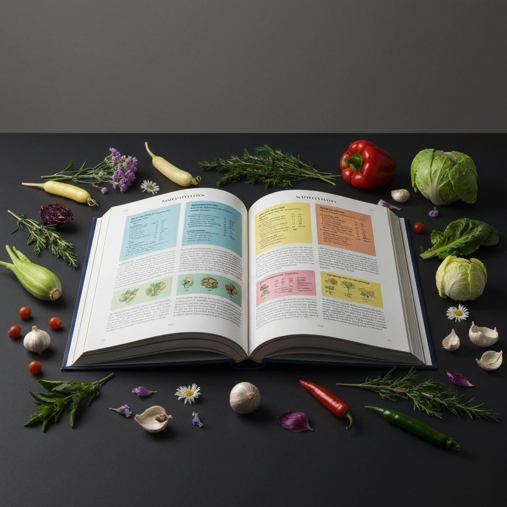 Open book surrounded by fresh vegetables